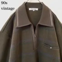 ★90s vintage 襟付き ハーフジップ ニット チェック カーキ レトロ