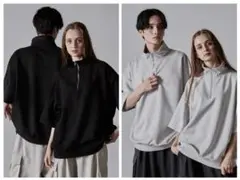 CLEL ハーフジップデザイン半袖プルオーバーTシャツ ブラック＆ライトグレー