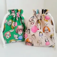 フェイス柄　巾着　2点セット　ハンドメイド　巾着ポーチ　巾着袋