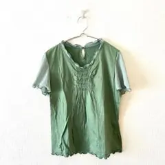 ☆【スマートピンク】Tシャツ 袖フレア異素材 胸元ギャザー 後涙開き L
