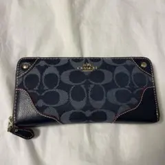 コーチ 長財布 デニム×レザー パープル
