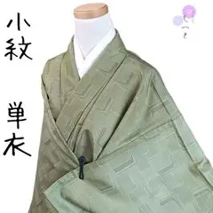 五10 えっと 単衣 夏物 小紋 ツルツル素材 緑 紬調 亀甲