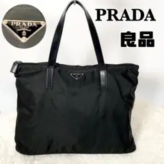 【良品】PRADA プラダ ハンドバッグ ナイロン レザー 黒 三角プレート