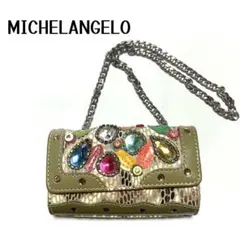MICHELANGELO パイソン柄 ビジュー チェーン ミニ ポーチバッグ