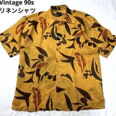 Vintage 90s リネンシャツ 総柄 幾何学模様 イエロー ストリート 黄