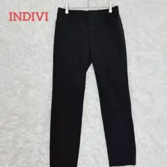 【インディヴィ】センタープレス　スラックス　パンツ　テーパード　黒　ストレッチ