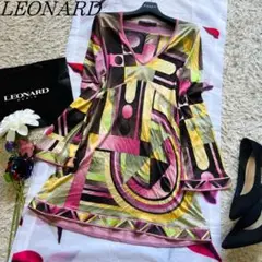【良品】LEONARD 総柄ワンピース Vネック マルチ柄 長袖 薄手 L