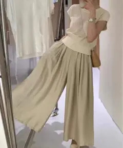 ワイドパンツ キュロット アイボリー L 薄手 体型カバー ウエストゴムポケット