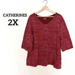 美品⭐️CATHERINES 赤 Vネック 五分袖7分袖トップス【2Xレディース