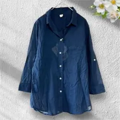 ⭐︎新品⭐︎Naflat【L】7分袖 ロールアップ コットン ブラウス ネイビー
