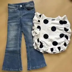 H&M 水玉フリルトップスとブーツカットデニムセット