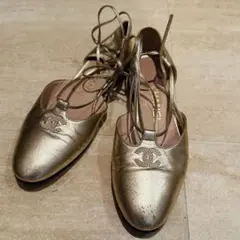 【ヴィンテージ】CHANEL レースアップシューズ ゴールド 37