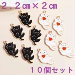 10個 約2.2㎝×2㎝ ごろ寝ねこチャーム ネコ ブラック/ホワイトLS04