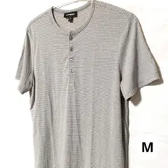 EXPRESS ヘンリーネックシャツ Mサイズ グレー ストライプ