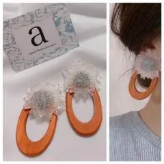 2120-2 2way シルバー☺︎フラワーピアス×オーバル型ウッドフープ☺︎