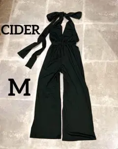 【CIDER】サロペット 黒 ストレッチ M フレア ワイドパンツ リボン