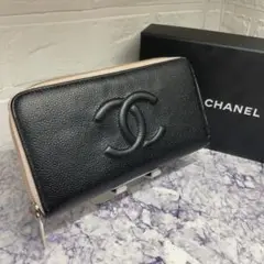 21 美品 CHANEL シャネル キャビアスキン デカココマーク 長財布