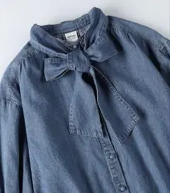 新品　SOMETHING サムシング　ボウタイデニムブラウス　リボン取り外し可能