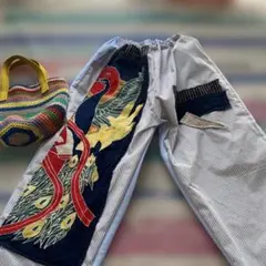 新作綿100ハンドメイド　バルーンパンツ刺し子ちくちくもんぺ骨董市生地