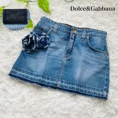 Dolceu0026Gabbana ミニスカート デニム コサージュ レザーロゴ M