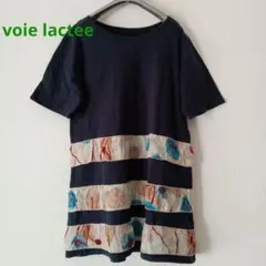 チュニック丈Tシャツ ネイビー　デザイン　 体型カバー　フリル　紺　花柄