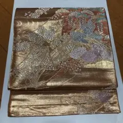 袋帯 オレンジ 金 白 緑 紫 松 藤 花 孔雀