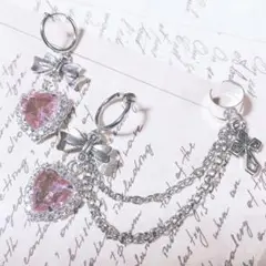 量産型イヤリング イヤーカフ pinkビジューと十字架 イヤリング