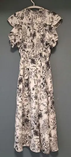 フラワープリント フリル袖 ロングワンピース
