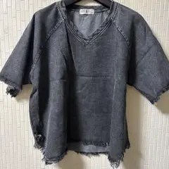 黒のデニム裾、袖口切りぱ無し(フリンジ仕様)カットソー(新品未使用品)