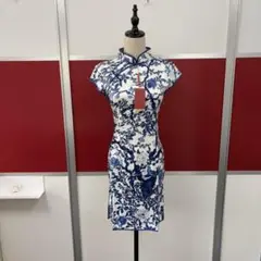 青と白の花柄チャイナドレスサイズM