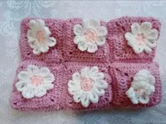 手編みティッシュボックスカバー ピンク 花