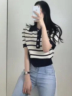 ボーダーボタン付きシャツ 春夏秋 ネイビー M 韓国