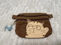 猫の顔刺繍 ブラウンウエストポーチ
