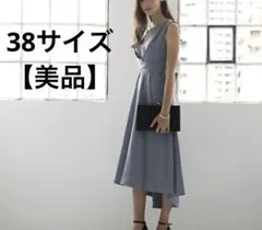 【美品】ダークミントノースリーブフレアドレス　バックプリーツ