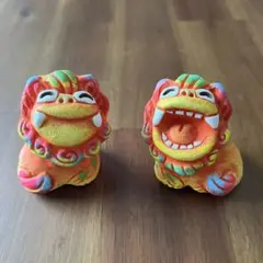 沖縄 シーサー ミニ 2体 オレンジ 米子焼工房