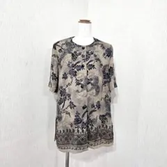 VINVERT　総柄チュニックシャツ　花柄　レトロ調　ベージュ×ネイビー　9AR