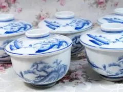 染付 山水図 蓋付き椀 蒸し椀 煮物椀 5客 レトロ