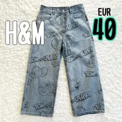 【H&M】トムとジェリー デニムパンツ EUR40 アンクル　ライトブルー　総柄