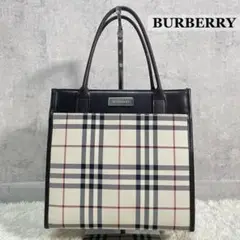 極美品✨バーバリー ミニトート ノバチェック ロゴプレート キャンバスレザー 茶