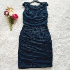【美品】タダシショージ ギャザーワンピース ドレス シルク100% 総レース 紺