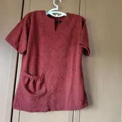 えんじ抽象模様 半袖シャツ ポケット付き