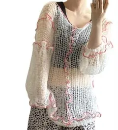 メロウリメイクメロウ加工透けニットロング春秋ニットピンク