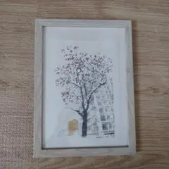 木と建物の水彩画 　額入り