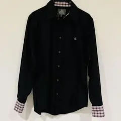 ヴィヴィアンウエストウッドマン オーブ刺繍シャツ 袖裏チェック 黒 48