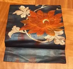 【新春赤字大特価/極上美品!高級正絹名古屋帯/黒地玉虫色に膨れ織り大胆大輪花】
