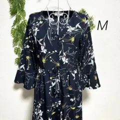 アールピーエス・七分袖ロングワンピース M 花柄 ネイビー 薄手 伸縮性