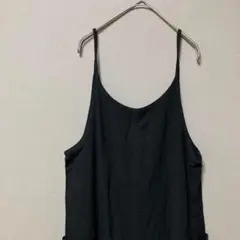 シンプルブラックサロペット(F)両サイドポケット　春夏薄手　キャミオールインワン