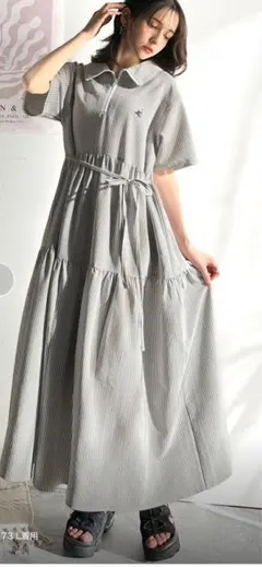 ストライプ柄ポロカラー半袖シャツワンピース
