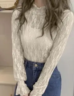 レース ハイネック トップス ベージュ
