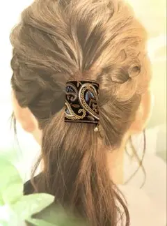 【ヘアカフ＊中サイズ＊black blueペイズリー×フェザー】インド刺繍